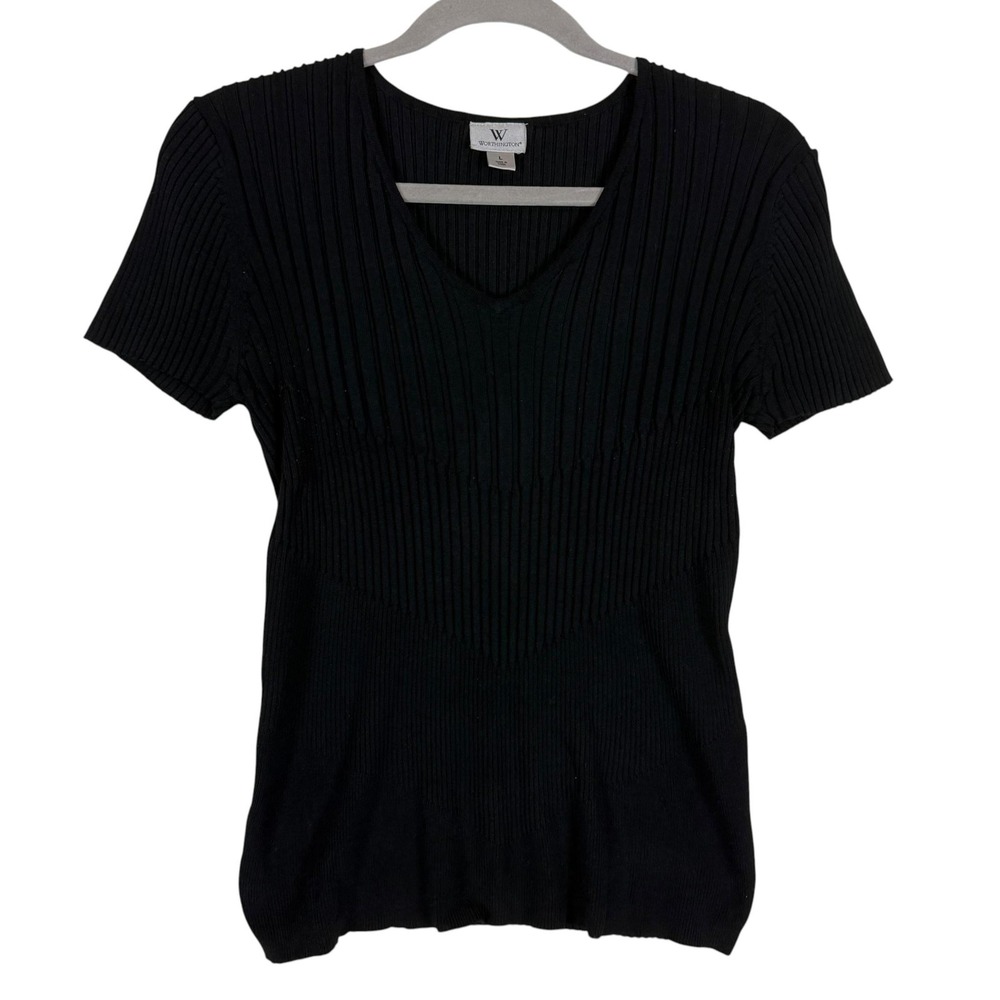 Worthington Sweater Womens L Black Short Sleeve V Neck Ribbed Knit Pullover